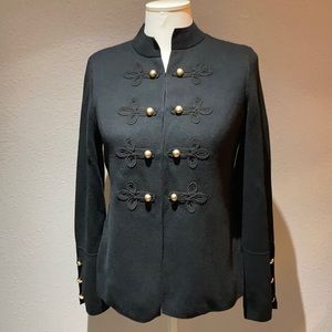 Chico’s black military sweater with gold buttons.